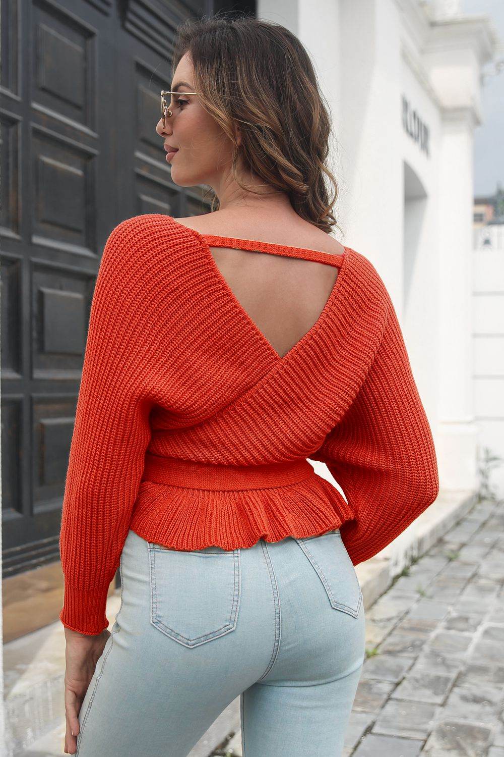 Tie Waist Ruffle Hem Sweater - Amexza