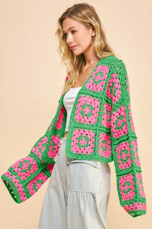 Davi & Dani Full Size Two Tone Flower Square Crochet Open Front Cardigan - Amexza