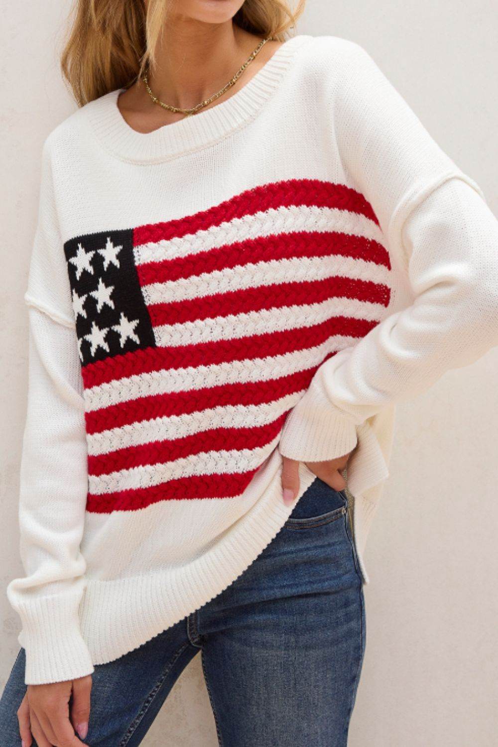 US Flag Side Slit Drop Shoulder Sweater White for a perfect OOTD – dress to impress outfits from Amexza