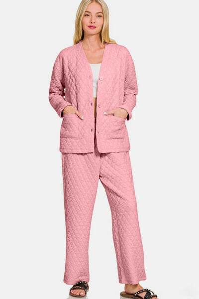 Zenana Quilted Button Up Long Sleeve Top and Pants Lounge Set for a perfect OOTD – dress to impress outfits from Amexza