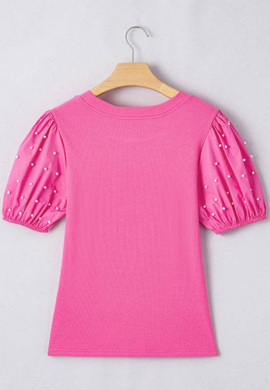 Pearl Detail Round Neck Puff Sleeve Blouse for a perfect OOTD – dress to impress outfits from Amexza