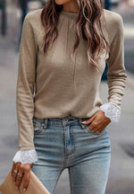 Lace Detail Round Neck Long Sleeve T-Shirt - Amexza