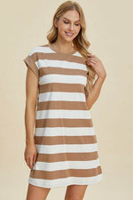 Basic Bae Full Size Striped Round Neck Cap Sleeve Mini Dress for a perfect OOTD – dress to impress outfits from Amexza