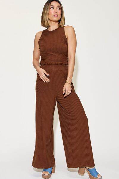 Basic Bae Full Size Ribbed Tank and Wide Leg Pants Set Dark Brown for a perfect OOTD – dress to impress outfits from Amexza