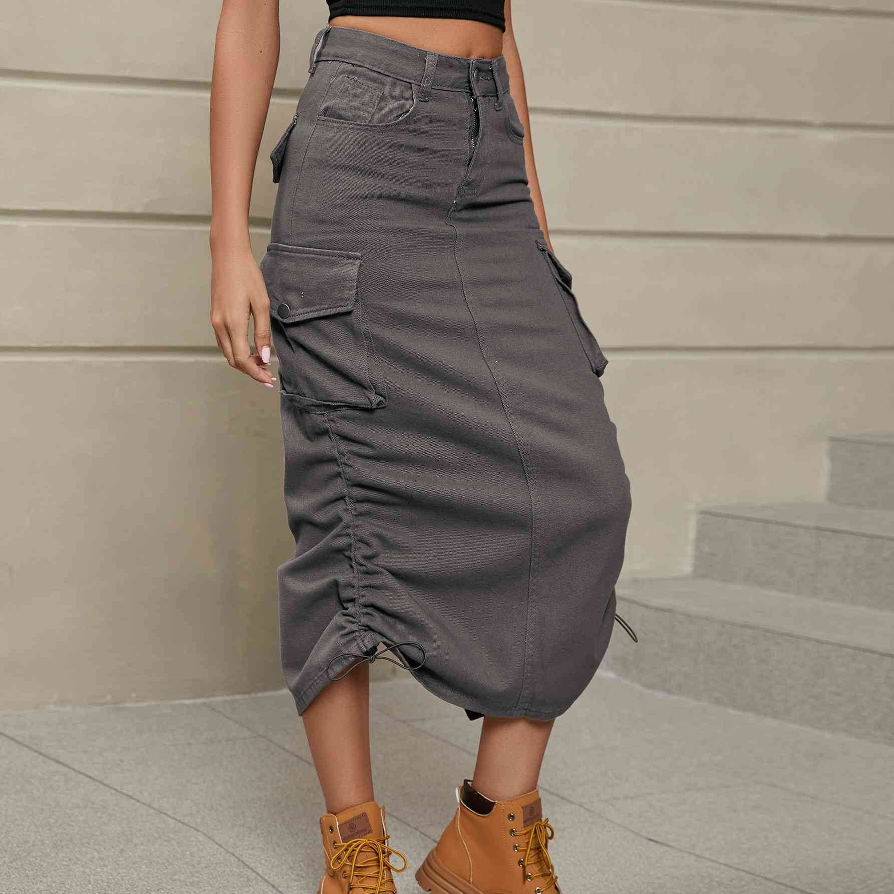 Drawstring Ruched Slit Denim Midi Skirt Mid Gray for a perfect OOTD – dress to impress outfits from Amexza