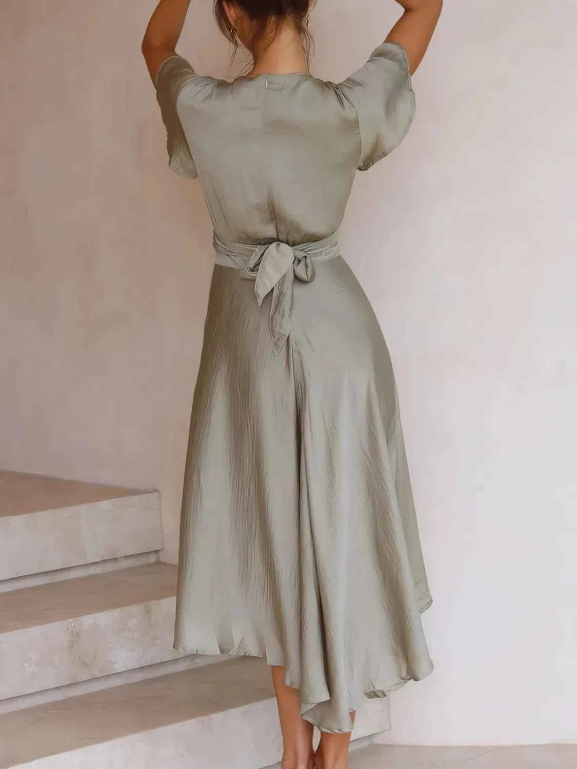 High-Low Plunge Flutter Sleeve Dress