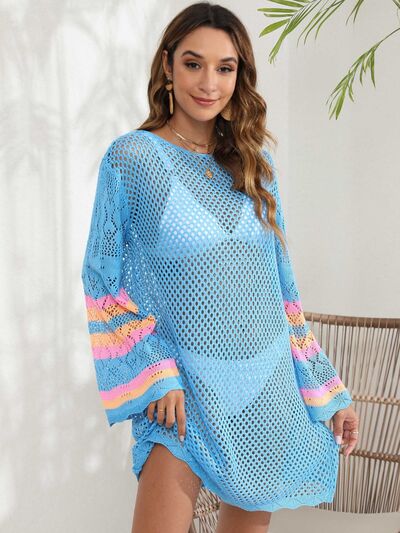 Openwork Contrast Long Sleeve Cover-Up for a perfect OOTD – dress to impress outfits from Amexza