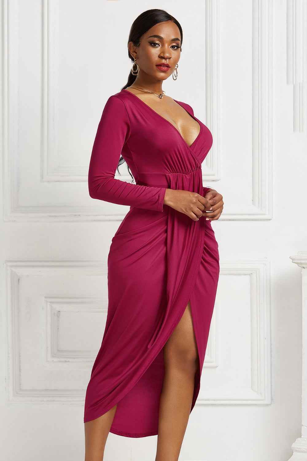 High-low Ruched Surplice Long Sleeve Dress for a perfect OOTD – dress to impress outfits from Amexza