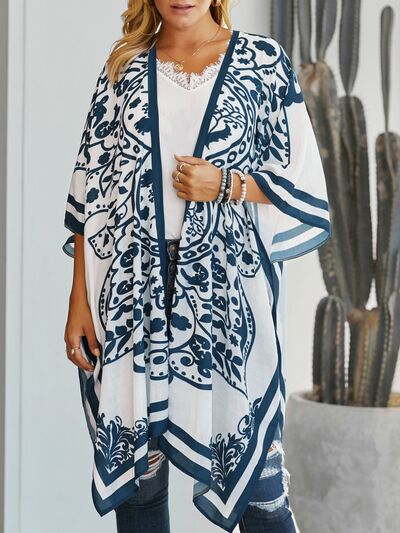 Printed Open Front Cover-Up White One Size for a perfect OOTD – dress to impress outfits from Amexza