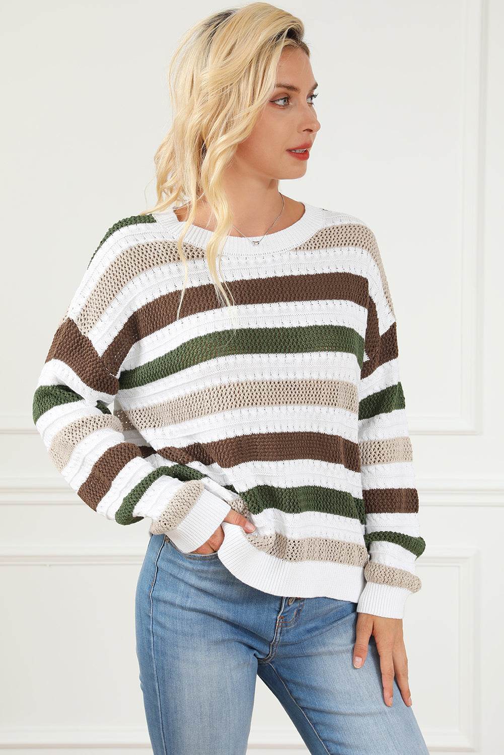 Striped Openwork Dropped Shoulder Sweater for a perfect OOTD – dress to impress outfits from Amexza