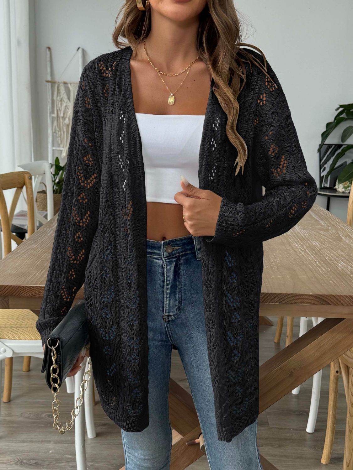 Openwork Open Front Long Sleeve Cardigan - Amexza