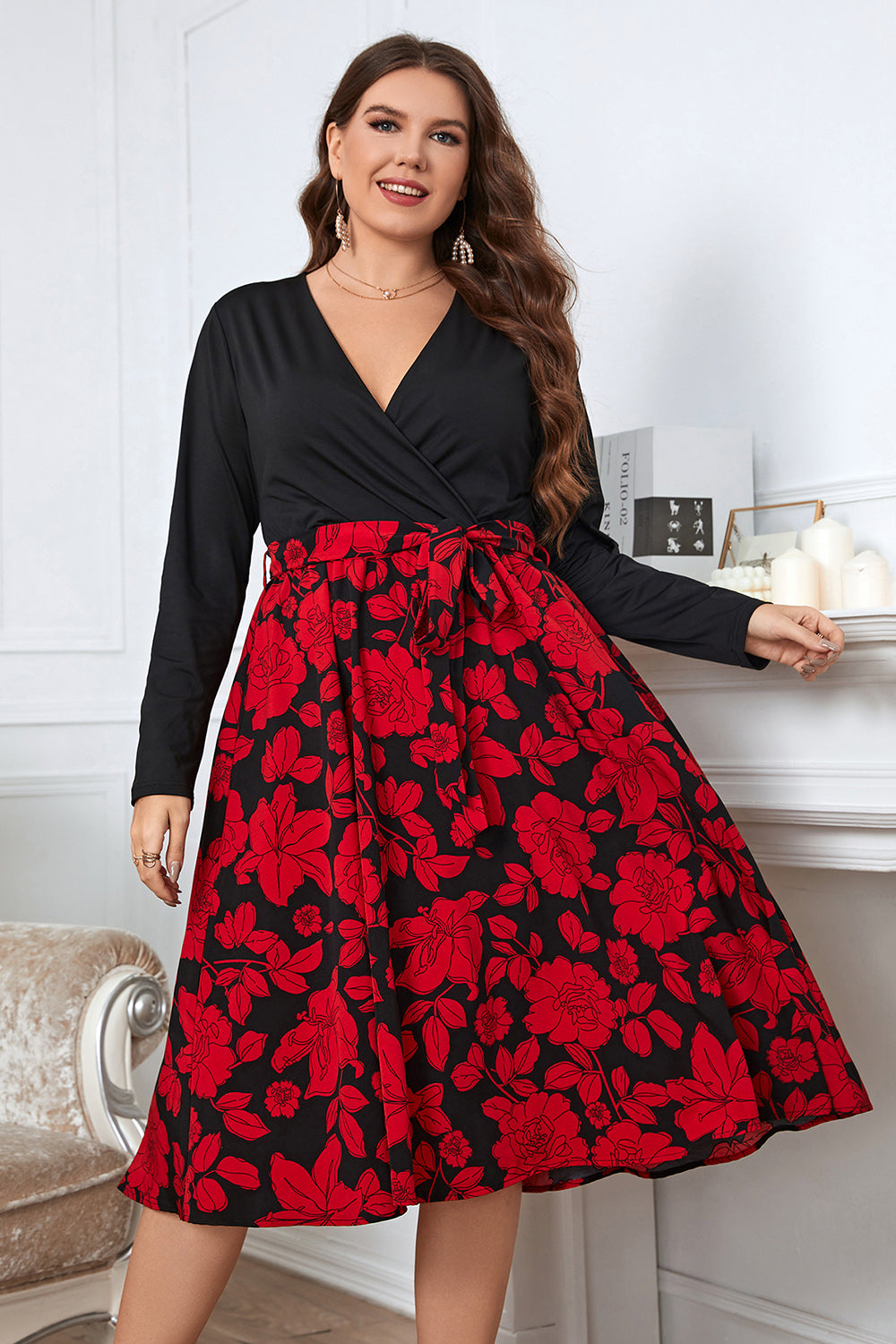 Honey Plus Size Floral Surplice Neck Long Sleeve Dress - Red / 1XL