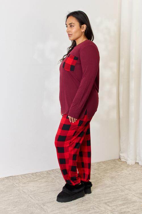 Zenana Full Size Plaid Round Neck Top and Pants Pajama Set for a perfect OOTD – dress to impress outfits from Amexza