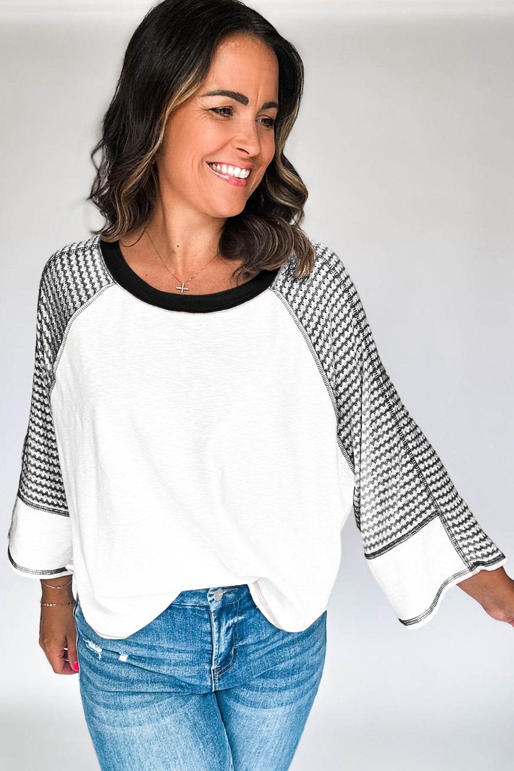 Striped Round Neck Raglan Sleeve Top for a perfect OOTD – dress to impress outfits from Amexza