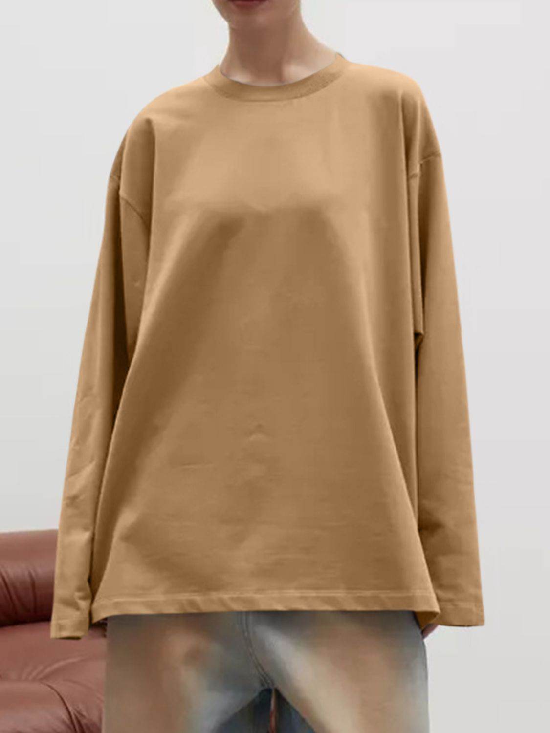 Round Neck Dropped Shoulder Long Sleeve T-Shirt - Amexza