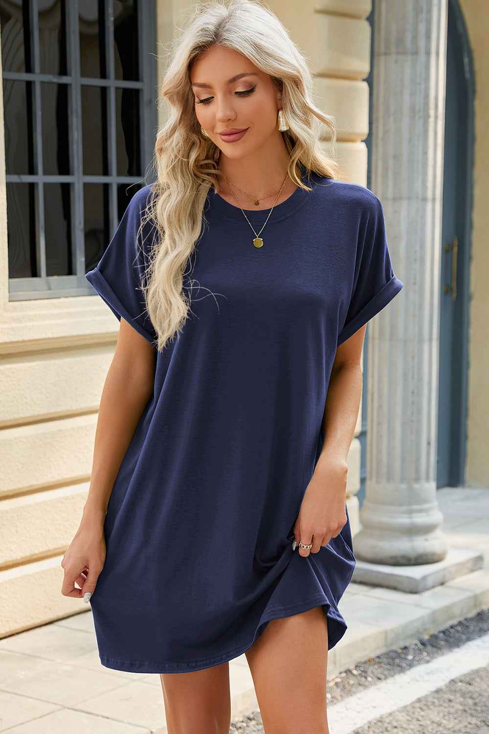 Round Neck Rolled Short Sleeve Tee Dress - Dark Blue / S