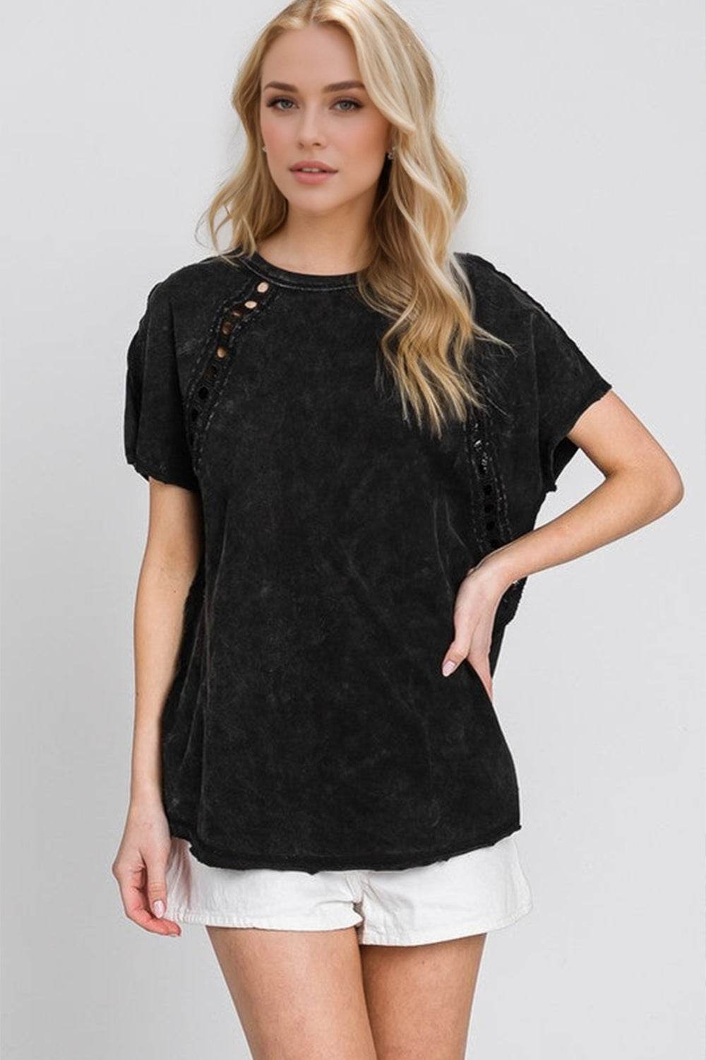 Double Take Full Size Cutout Round Neck Short Sleeve T-Shirt - Amexza