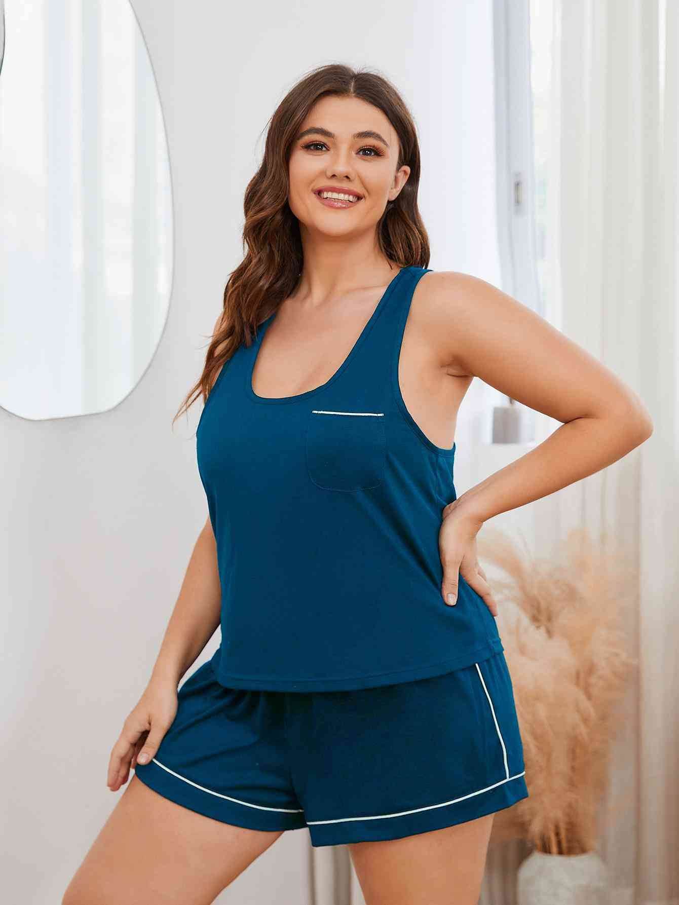 Plus Size Contrast Piping Racerback Tank and Shorts Lounge Set for a perfect OOTD – dress to impress outfits from Amexza