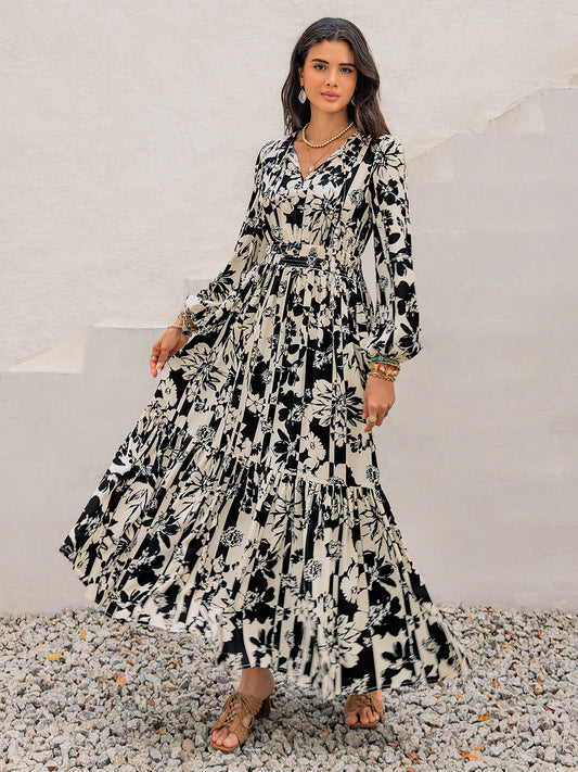 Smocked Printed Tie Neck Long Sleeve Dress - Black/White / S