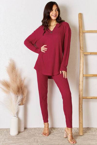 Basic Bae Full Size Notched Long Sleeve Top and Pants Set Deep Red for a perfect OOTD – dress to impress outfits from Amexza