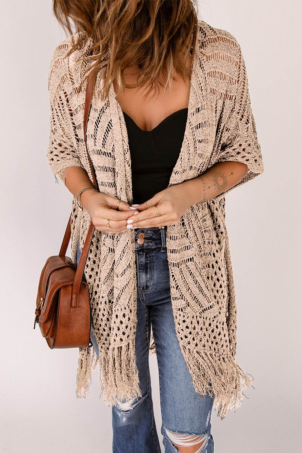 Openwork Open Front Cardigan with Fringes for a perfect OOTD – dress to impress outfits from Amexza