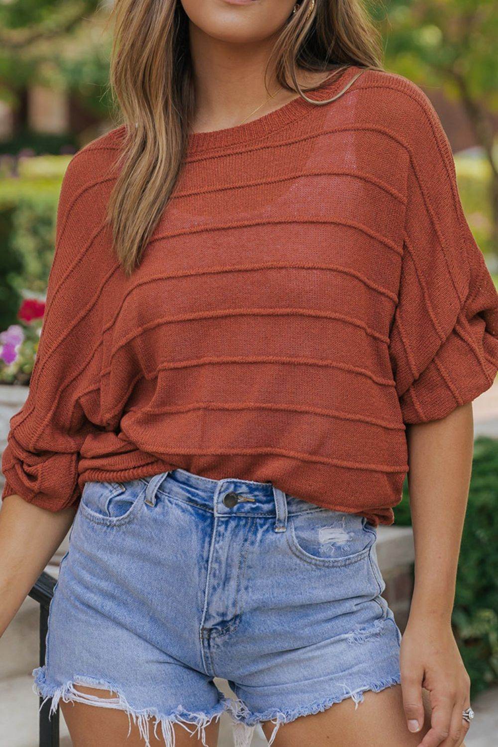 Round Neck Long Sleeve Knit Top - Amexza