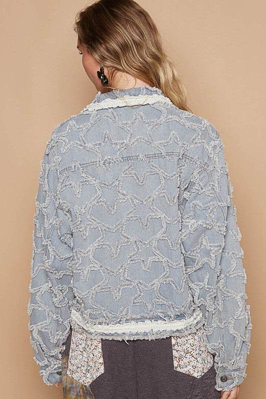 POL Star Textured Raw Hem Long Sleeve Denim Jacket for a perfect OOTD – dress to impress outfits from Amexza