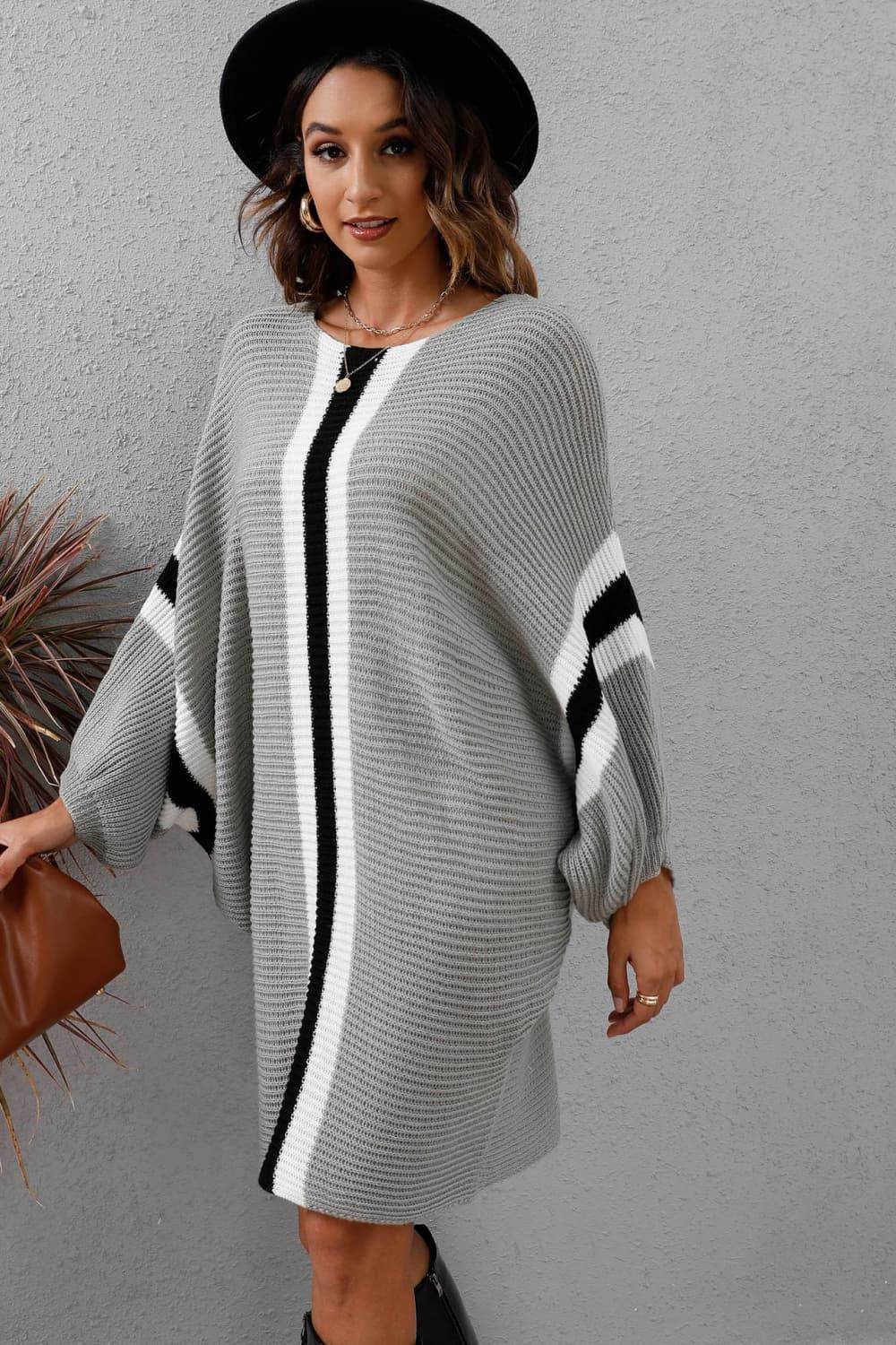 Ribbed Round Neck Long Sleeve Sweater Dress for a perfect OOTD – dress to impress outfits from Amexza