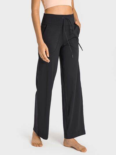 Millennia Drawstring Waist Wide Leg Sports Pants with Pockets - Amexza