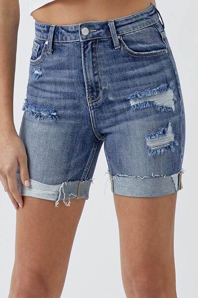 RISEN Full Size Distressed Rolled Denim Shorts with Pockets Medium for a perfect OOTD – dress to impress outfits from Amexza