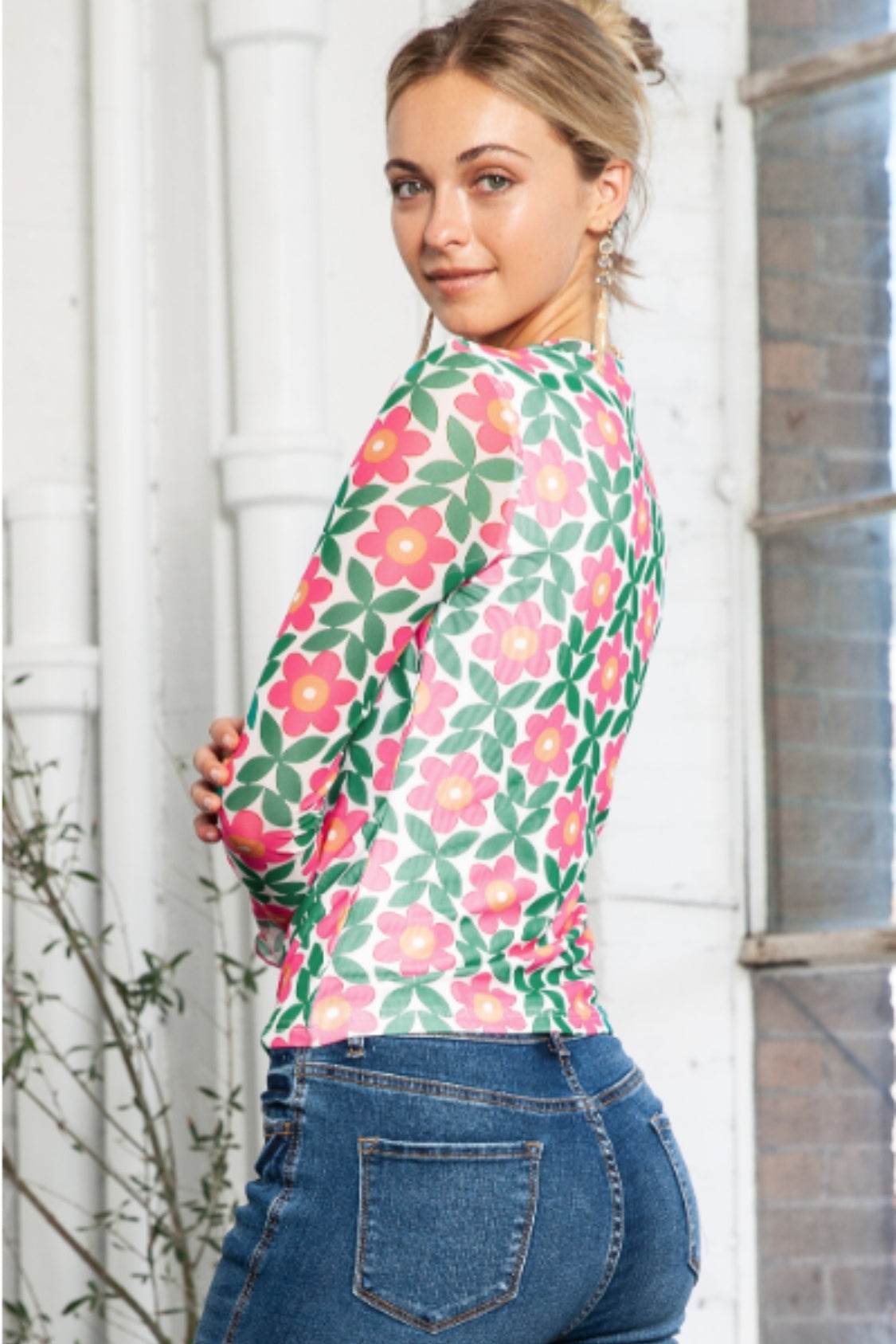 Floral Round Neck Long Sleeve Top - Amexza