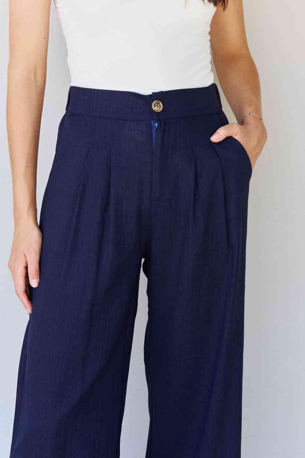 And The Why In The Mix Full Size Pleated Detail Linen Pants in Dark Navy for a perfect OOTD – dress to impress outfits from Amexza