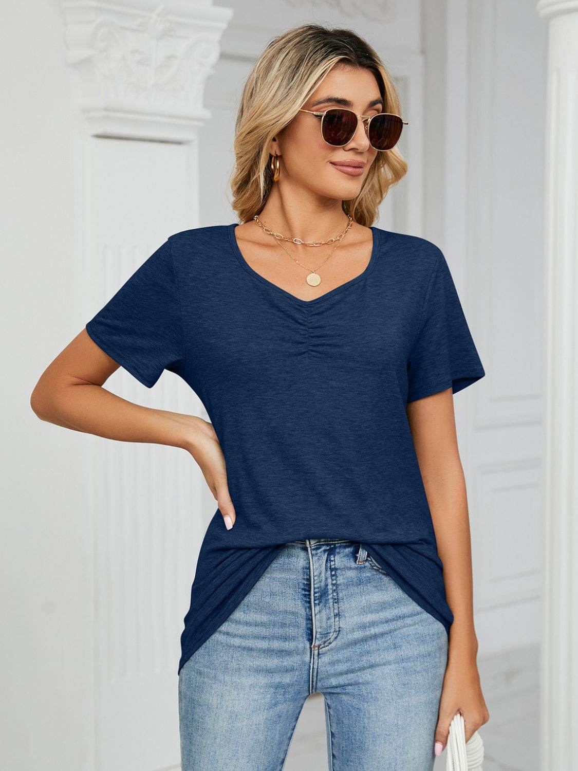 Ruched V-Neck Short Sleeve T-Shirt for a perfect OOTD – dress to impress outfits from Amexza