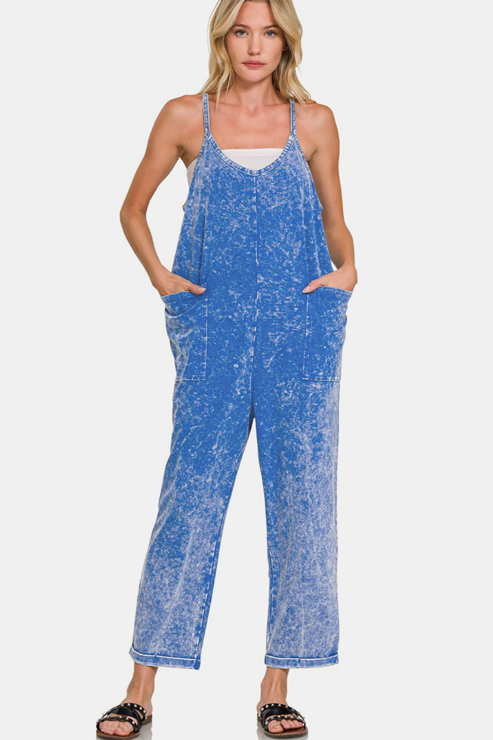 Zenana Washed Spaghetti Straps Overalls with Pockets - Amexza