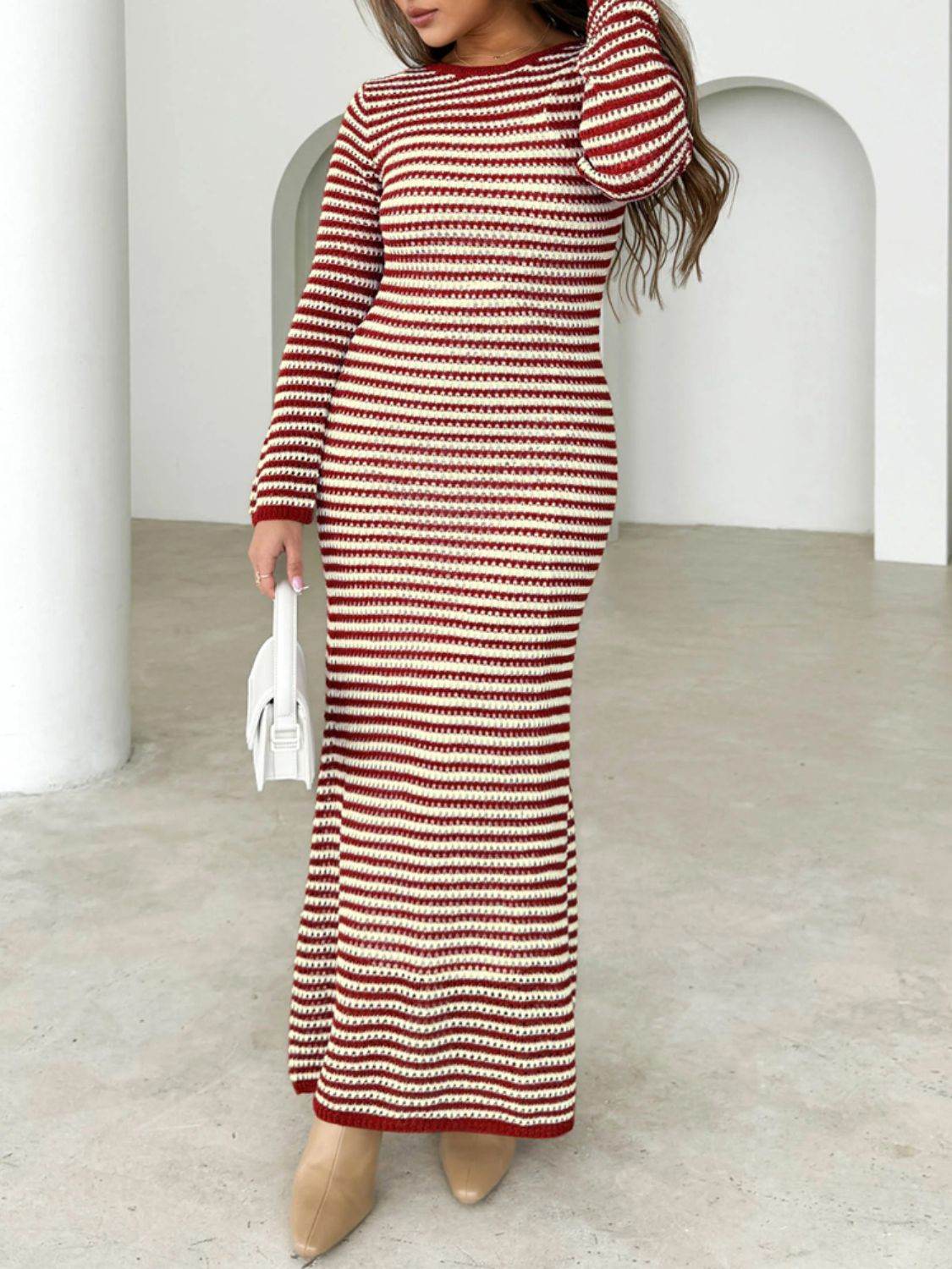 Devine Tied Round Neck Striped Sweater Dress Terracotta for a perfect OOTD – dress to impress outfits from Amexza