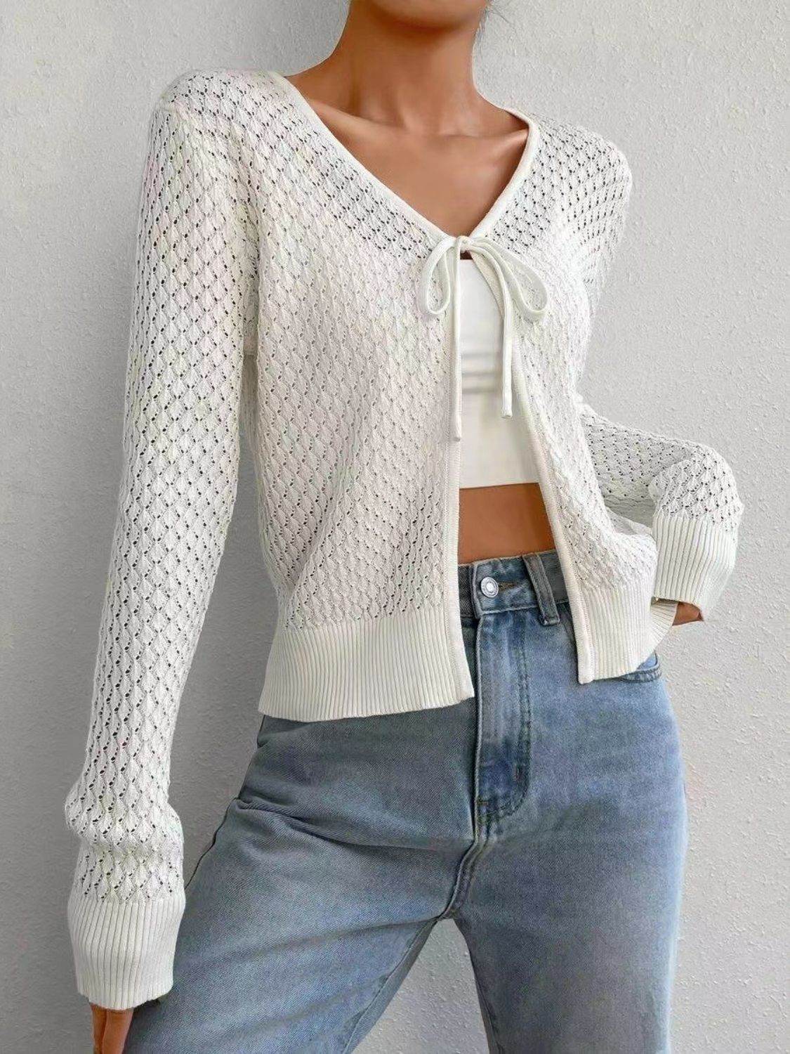 Tied Openwork V-Neck Long Sleeve Cardigan - Amexza