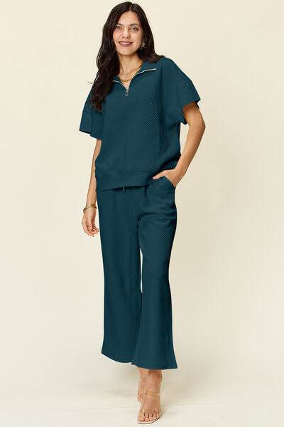 Double Take Full Size Texture Half Zip Short Sleeve Top and Pants Set Deep Teal for a perfect OOTD – dress to impress outfits from Amexza