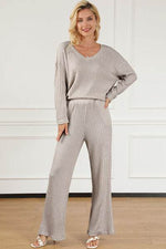 Ribbed V-Neck Top and Pants Lounge Set for a perfect OOTD – dress to impress outfits from Amexza