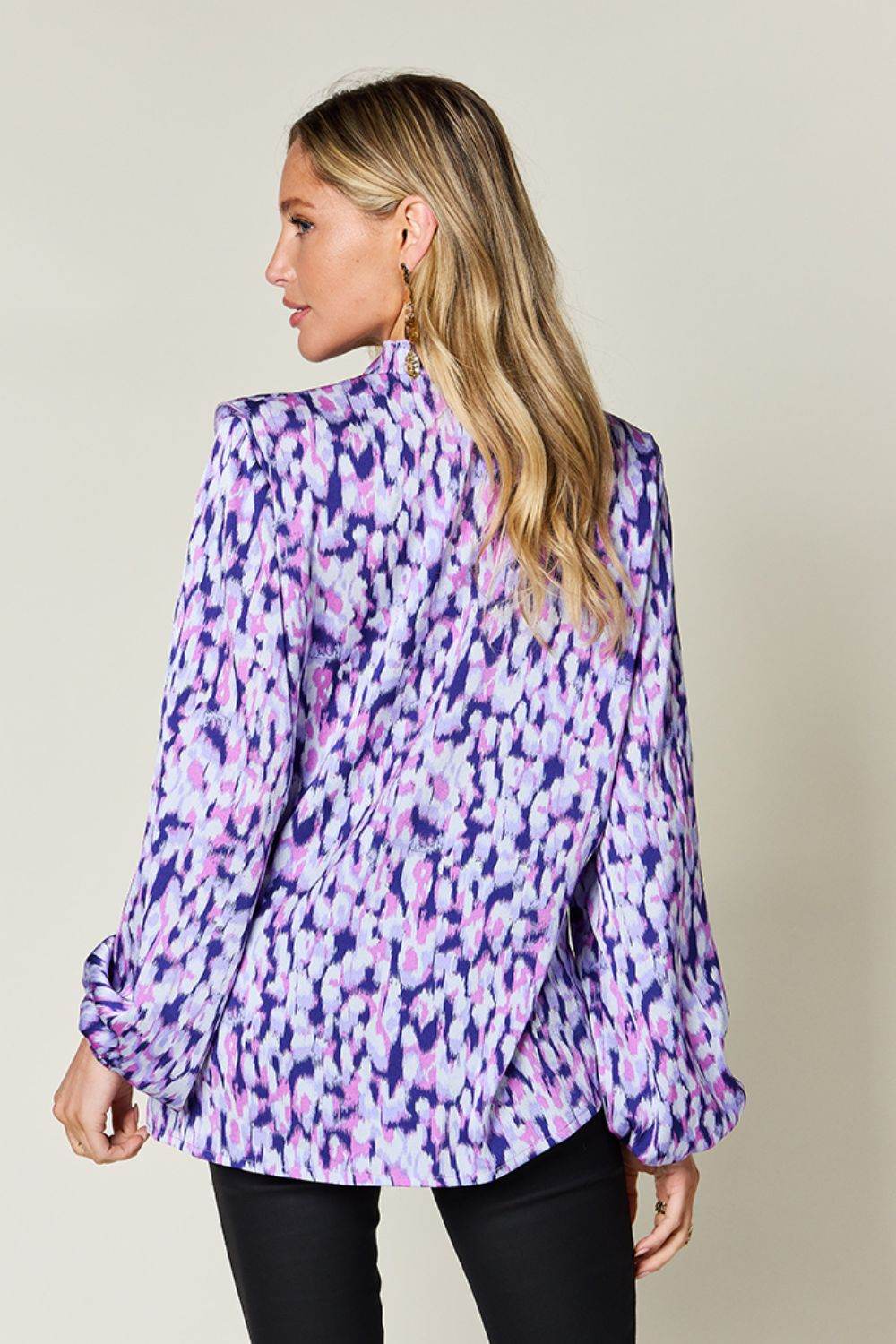 Double Take Full Size Printed Ruffle Trim Balloon Sleeve Shirt for a perfect OOTD – dress to impress outfits from Amexza