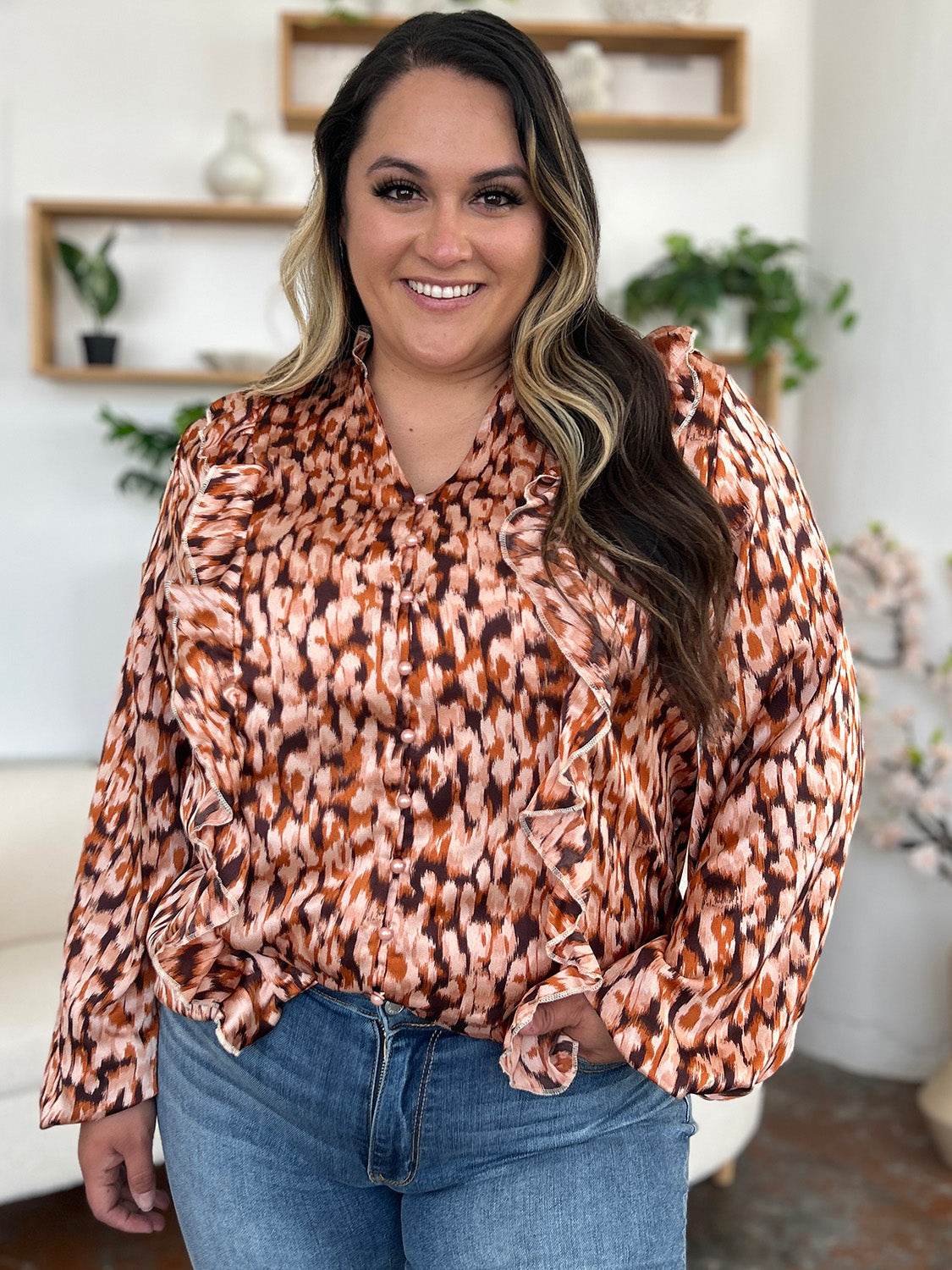 Double Take Full Size Printed Ruffle Trim Balloon Sleeve Shirt for a perfect OOTD – dress to impress outfits from Amexza