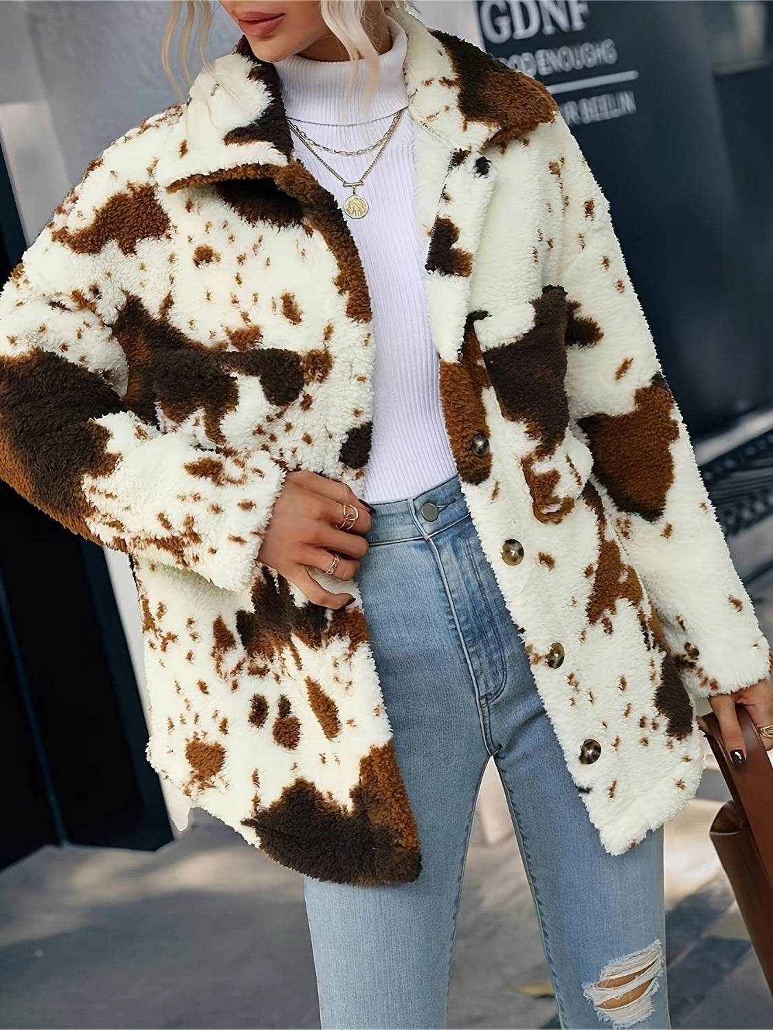 Cow Print Collared Neck Button Up Fuzzy Jacket Ivory for a perfect OOTD – dress to impress outfits from Amexza