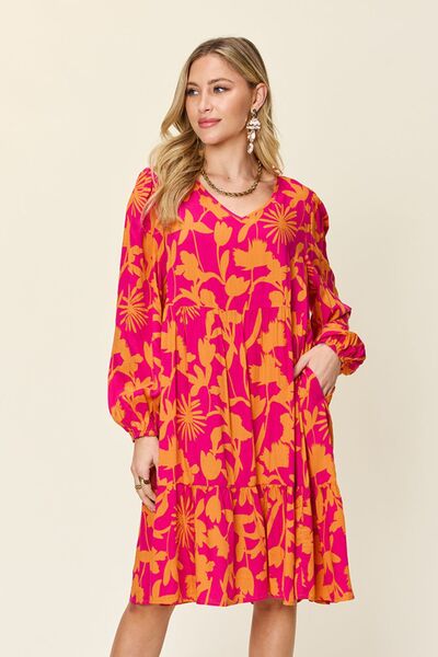 Double Take Full Size Printed Ruffle Hem Dress with Pocket Hot Pink for a perfect OOTD – dress to impress outfits from Amexza