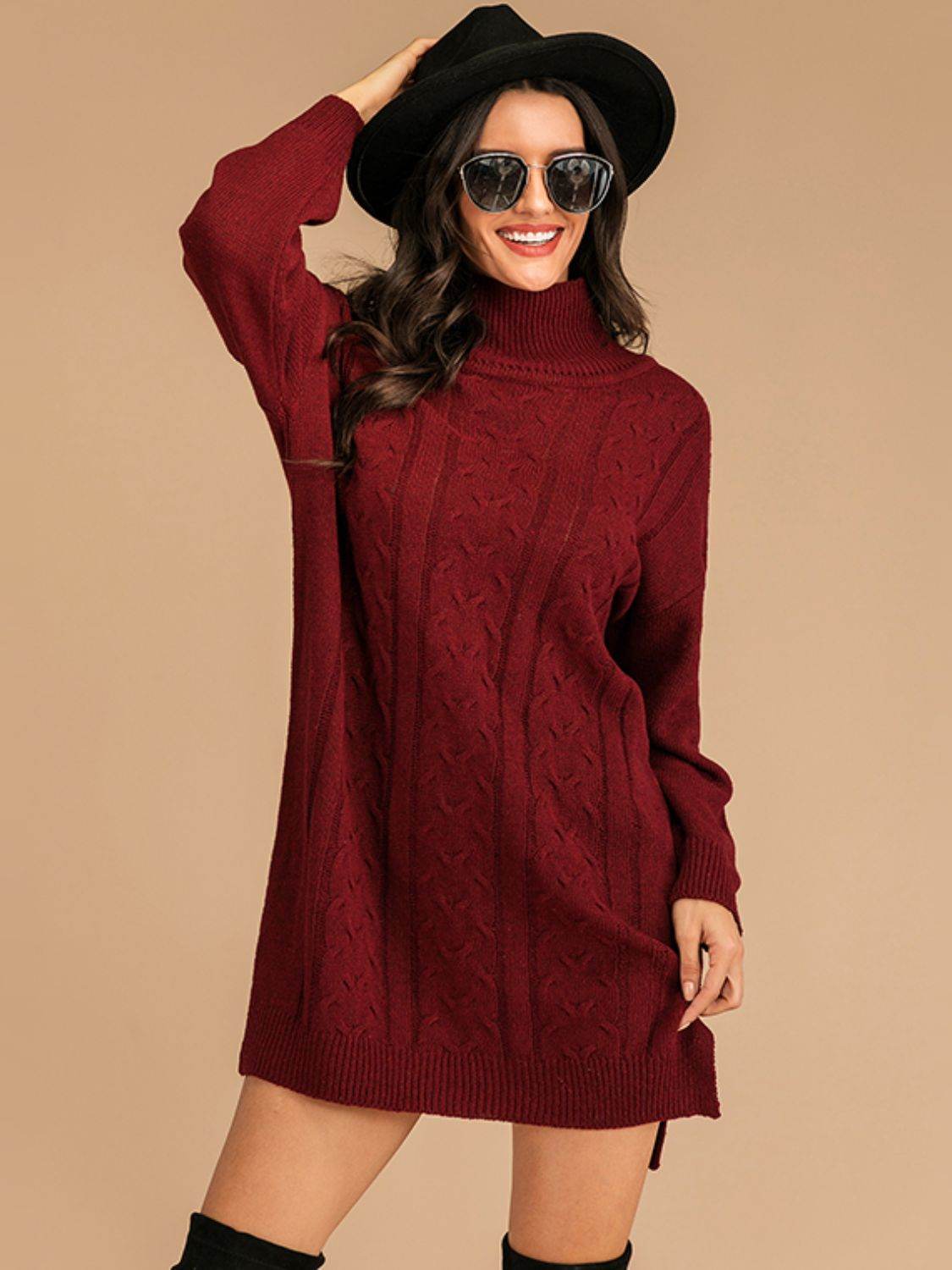 Perfee Slit Turtleneck Long Sleeve Mini Sweater Dress - Amexza