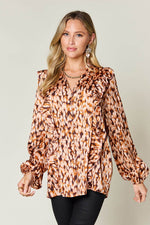 Double Take Full Size Printed Ruffle Trim Balloon Sleeve Shirt - Amexza