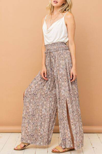 And The Why Printed Smocked Waist Slit Wide Leg Pants for a perfect OOTD – dress to impress outfits from Amexza