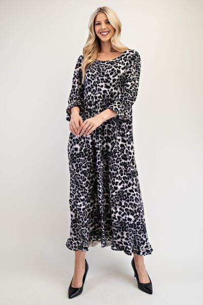 Celeste Full Size Leopard Round Neck Flounce Sleeve Dress for a perfect OOTD – dress to impress outfits from Amexza