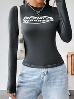 Letter Graphic Round Neck Long Sleeve T-Shirt - Amexza