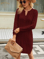 Notched Neck Cable-Knit Slit Sweater Dress for a perfect OOTD – dress to impress outfits from Amexza