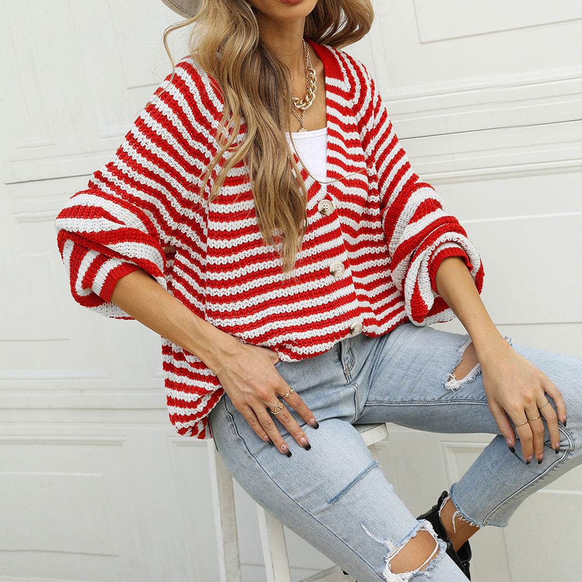 Striped Button Down Long Sleeve Cardigan - Amexza