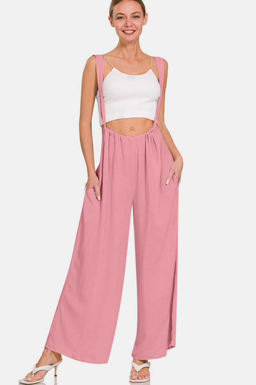 Zenana Pocketed Wide Strap Wide Leg Overalls Lt Rose for a perfect OOTD – dress to impress outfits from Amexza